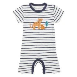 SENSE ORGANICS - YOEKY ROMPER S/S - KURZER JERSEY OVERALL - NAVY STRIPES + TIGER APPLIQUÉ